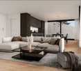 L-shaped gray sofa, wooden floor, large glass doors, coffee table, chandelier, glass coffee table, artwork