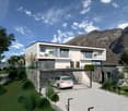 Modern house with two floors, stone wall entrance, balcony, car in the garage, garden, mountains in the background