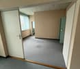 Large empty room with beige walls, gray carpet, two open doors, and two doors with small window