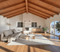wooden ceiling, white walls, fireplace, couch, coffee table, rug, wooden floor, balcony, plants, view