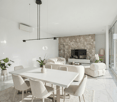 modern living room with white walls, white furniture, large windows, plants, TV, marble floor
