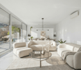 modern design, white walls, large windows, glass table, white couches, marble floor