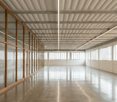 large open space, concrete floor, glass walls, white ceiling, large windows
