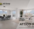 Modern furnished room with a dining table, chairs, couch, coffee table, plant, rug, and lamp.