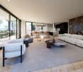 modern living room, large windows, balcony, dining table, modern furniture, marble flooring