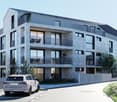 modern apartment building, multiple balconies, large windows, gray exterior, car parked in front