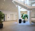 modern building, white walls, gray floor, two potted plants, staircase