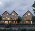 Three story house, modern design, large windows, beige exterior, car parked in front