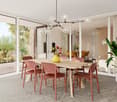 Dining table with 6 chairs, wooden table, glass doors, balcony, plants, chandelier