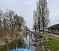 Riverbank, trees, grass, wooden poles, boat docks, house in the background, clear blue sky