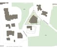 Plot layout for residential buildings with pathways, green spaces, and parking areas.