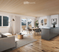 open-plan living and dining area with sliding doors leading to a balcony, a modern kitchen, and a comfortable seating area with a couch and a coffee table