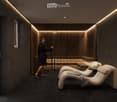 Minimalist sauna room with wooden benches, glass walls, and a small glass table