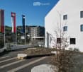 White building with glass windows, flags, paved area, small garden, another building in the background