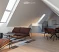 modern attic room with wooden floor, brown sofa, dining table, lamps, carpet