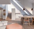 open floor plan, dining table, chairs, couch, coffee table, wooden floor, white walls, wooden staircase, kitchen, pendant lights