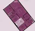 Floor plan of a residential space featuring a living/dining area, three bedrooms, two bathrooms, a patio, and a hallway.
