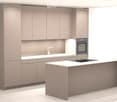 Modern kitchen with light grey cabinetry, a central island, and built-in appliances including an oven and a faucet.
