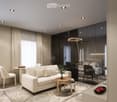 modern living room with a white couch, carpet, side table, floor lamp, armchair, and a glass wall leading to a bedroom