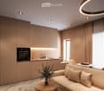 modern open layout, beige color palette, large couch, wooden coffee tables, built-in kitchen with an oven, natural light