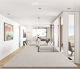 large open space, marble countertop, modern kitchen, view to living room, glass door, paintings on the wall
