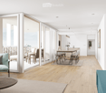 hardwood floors, chandelier, dining table, sofa, chair, white walls, balcony, large windows