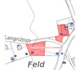 Overview map showing property plots with gardens and parking spaces, labeled with plot numbers and street names.