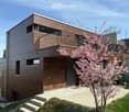Modern two-story house with a brown facade, large windows, and a balcony on the upper level. A small tree with pink blossoms is in the front yard, along with neatly trimmed bushes and a small garden area.