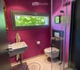 Modern bathroom with pink walls, a white sink, toilet, glass-enclosed shower, and a round rug on the floor.