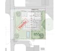 Floor plan of a property showing layout, including a swimming pool, garden areas, and surrounding structures.