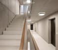 modern building, white tiled floor, white marble staircase, concrete walls, wooden handrail, ceiling lights