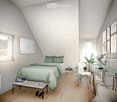 Bedroom with bed, desk, chair, and window