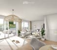 modern design, white walls, wooden floor, large windows, sliding glass doors, balcony, sofa, coffee table, plants, decorative items