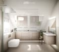 modern bathroom with shower, toilet, sink, wooden cabinets, tiled floor, plants, mirror
