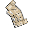 Floor plan of a 59.5 m² apartment with kitchen/living/dining area, two bedrooms, two bathrooms, and two balconies.