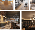 A collage of five interior spaces: a modern living room with a sofa and large window, a fitness area with a treadmill and bench, a bedroom with a bed and pillows, a bar area with a counter and chairs, and a dining area with a table and wine rack.