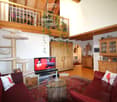 A spacious living room with exposed wooden beams, a red leather sofa, a glass coffee table, a cat tree, and a television. The room features a wooden cabinet, a balcony with hanging plants, and a cozy rug.