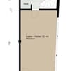 Layout of a ground floor showing a shop/studio area (32 m²), entrance, hallway, WC, and storage area.