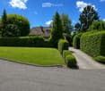 Well-maintained garden with a neatly trimmed lawn, a gravel pathway, and trimmed hedges leading to a house with a tiled roof.