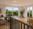Modern open-plan living and dining area with large sliding glass doors leading to a balcony, featuring a grey sectional sofa, coffee table, dining table with chairs, and potted plants.