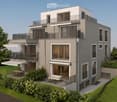 Modern3-story house with grey facade, multiple balconies, large windows, and a landscaped garden area with outdoor seating.