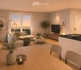 Modern, open-concept living and dining area with a white sofa, coffee table, dining table with chairs, and a kitchen island. Features large windows with a balcony view, floor lamp, and decorative plants.