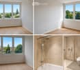Empty room with wooden flooring, white walls, and large windows offering scenic views of trees and houses. Another empty room with similar features and a view. Bathroom with modern shower and glass enclosure, and a toilet.