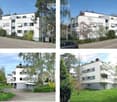 Four images of a modern, white multi-story apartment building with balconies, surrounded by greenery and trees. The building features clean lines, large windows, and is situated in a residential area with paved roads and landscaped surroundings.