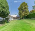 A well-maintained garden with a lawn, trees, and a modern house with a patio and outdoor seating area.