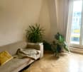 A cozy living room with a beige sofa, a yellow pillow, a blanket, and two large green plants near a large window with white curtains.