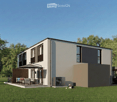 Modern two-story house with a garage, parking area, and outdoor seating area with chairs and a table.