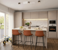 Modern kitchen with light-colored cabinets, a central island with bar stools, and built-in appliances including an oven and microwave. The island features a marble countertop with a sink and faucet, and there are decorative plants and a small child's tric