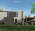 Modern two-story house with a flat roof, large windows, and a covered garage. The house features a combination of beige and dark brown exterior walls, a well-maintained lawn, and a stroller near the entrance.