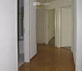 Empty hallway with wooden flooring, white walls, and several doors leading to other rooms.